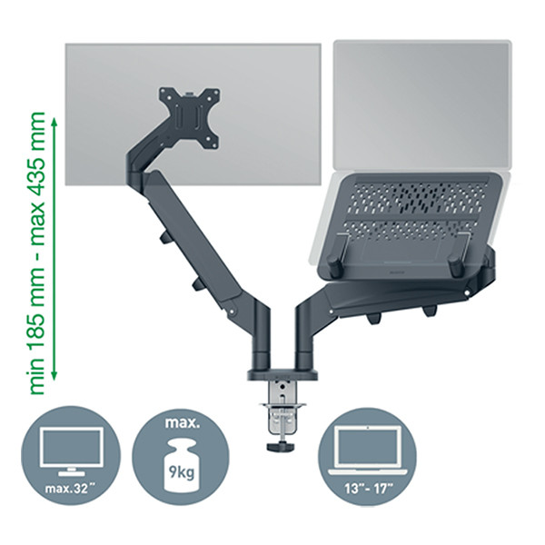 | Monitorarm för 2 monitorer + laptoparm | Leitz Ergo | mörkgrå (med klämma) 226601 - 6