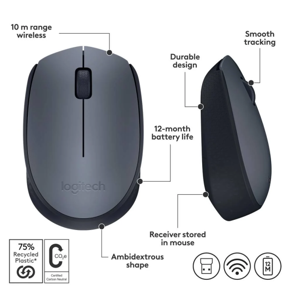 Datormus trådlös | Logitech M170 | grå 828096 - 7