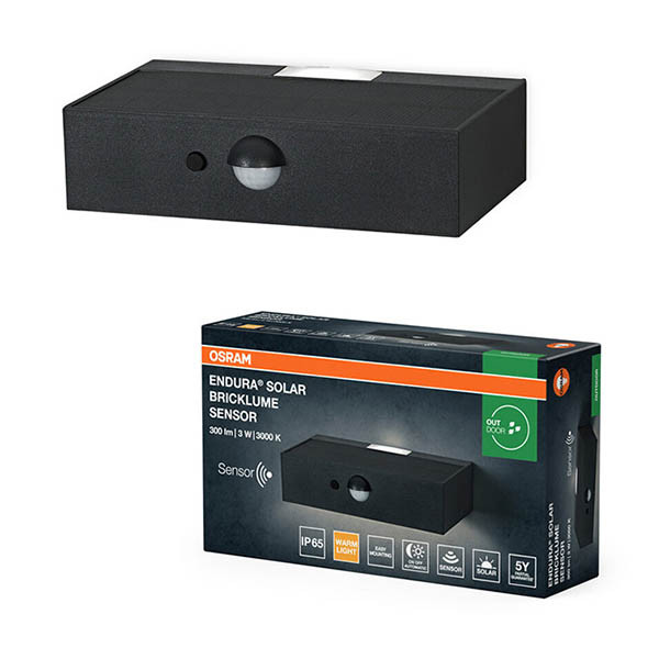 Vägglampa solcell | Endura Bricklume | 3W | IP65 | sensor | mörkgrå [Osram] LOS02089 - 1
