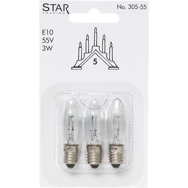 Reservlampa E10 | 55V | klar | 1.3x4.5cm | dimbar | 3-pack [Star Trading] 305-55 361375 - 3