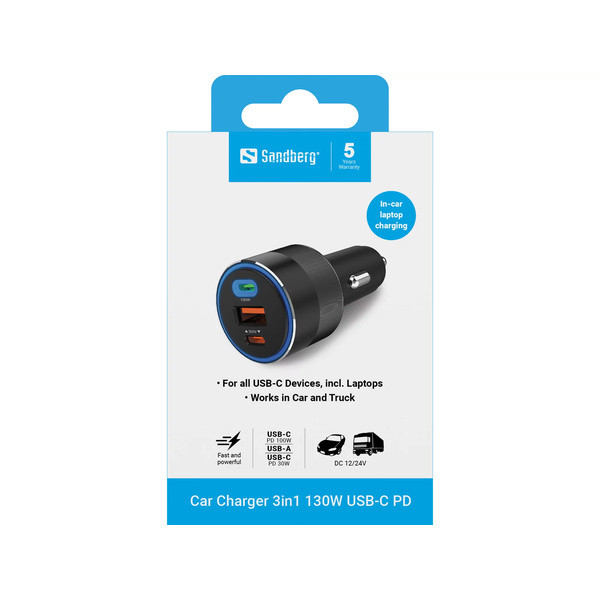 [] Billaddare 130W 3-port | 2xUSB-C + USB-A | Sandberg SE400017 - 7