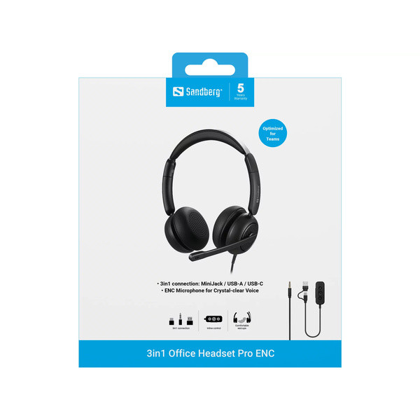 [] Headset USB/3,5mm | Sandberg 3-in-1 Office Pro | svart SE400104 - 3