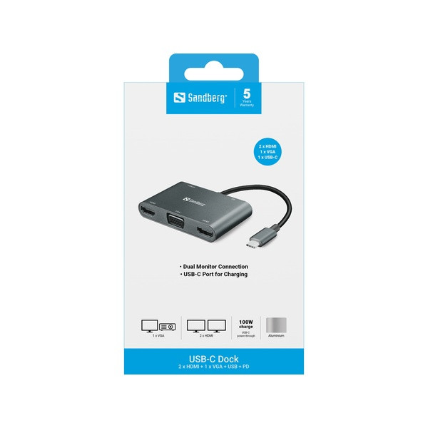 [] USB Docking station 5 portar | USB-C till 1xA, 1xC, 2xHDMI, VGA | Sandberg ASA02371 - 3