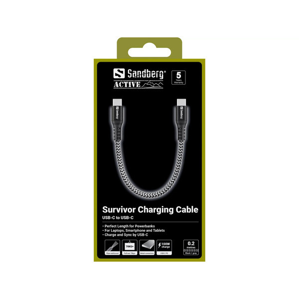 [DP] USB-C till USB-C kabel 0,2m | 100W | Sandberg Survivor | svart SE400173 - 3