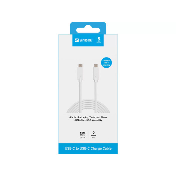 [DP] USB-C till USB-C kabel 2m | 60W | Sandberg | vit SE400164 - 2