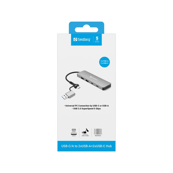 [DP] USB-hub 4 portar | USB-C/USB-A USB 3.0 till 2xA 3.0 och 2xC | Sandberg ASA02445 - 4