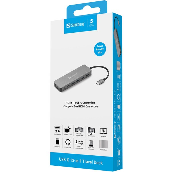 [DP] USB Docking station 13 portar | USB-C till 4xA, 2xC, 2xHDMI, VGA, Ethernet, 3,5mm, 2x kortläsare | Sandberg Travel ASA02369 - 6