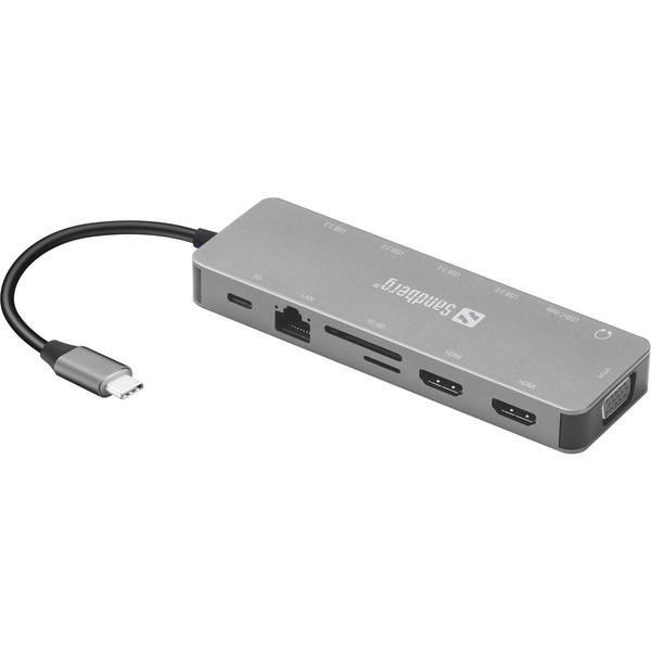 [DP] USB Docking station 13 portar | USB-C till 4xA, 2xC, 2xHDMI, VGA, Ethernet, 3,5mm, 2x kortläsare | Sandberg Travel ASA02369 - 3