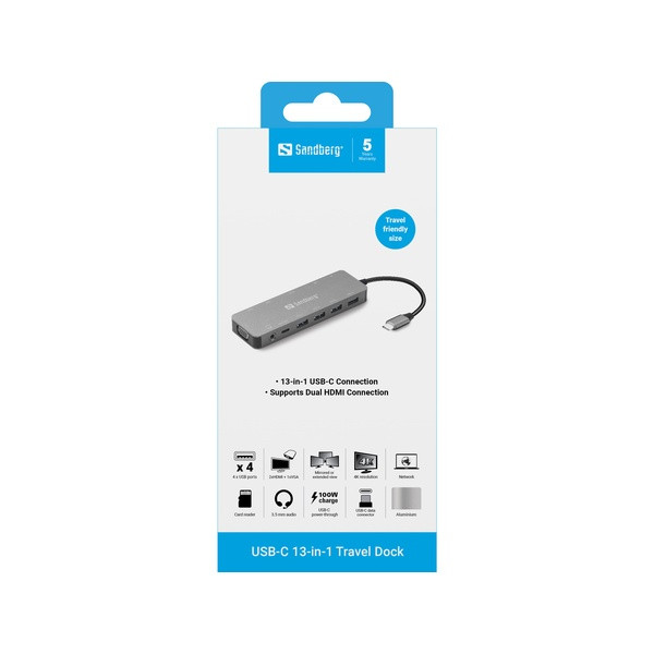 [DP] USB Docking station 13 portar | USB-C till 4xA, 2xC, 2xHDMI, VGA, Ethernet, 3,5mm, 2x kortläsare | Sandberg Travel ASA02369 - 5