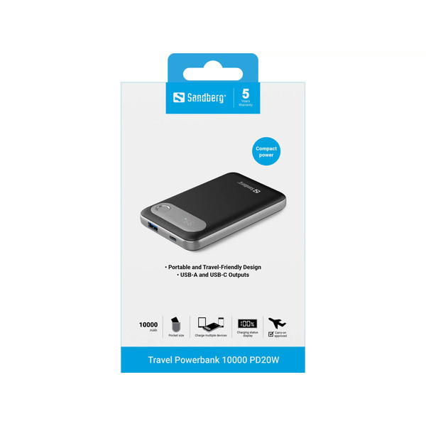 Powerbank 10.000mAh | PD20W | Sandberg Travel | svart SE400109 - 5