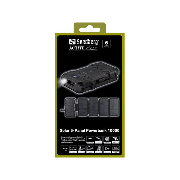 Powerbank solcell 10.000mAh | 5 paneler | PD20W + Wireless | Sandberg | grå SE400134 - 10