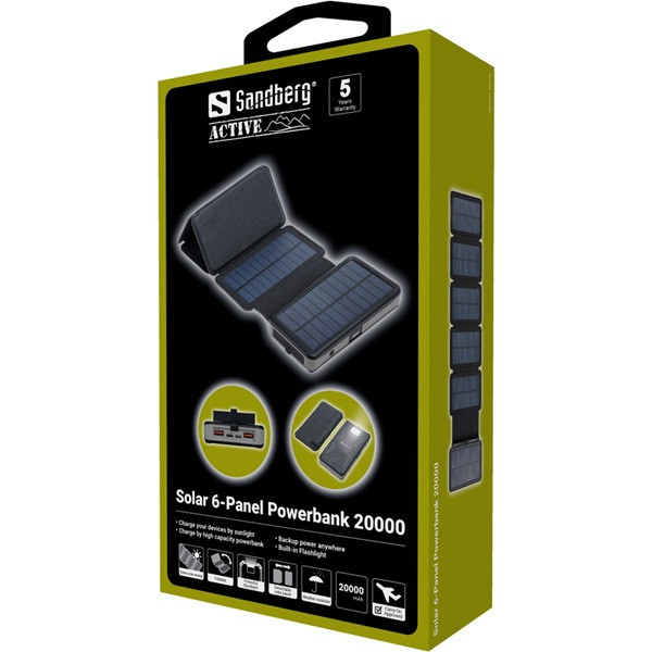 Powerbank solcell 20.000mAh | 6-Paneler | Sandberg 420-73 ASA02266 - 6