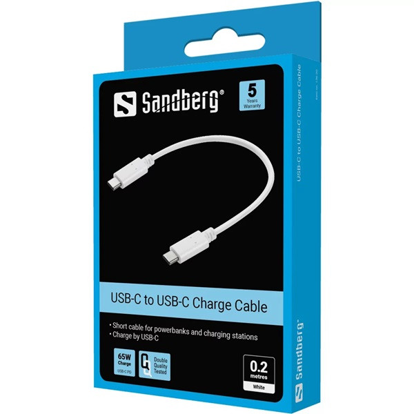 USB-C till USB-C kabel 0,2m | 65W | Sandberg | vit 360908 - 2