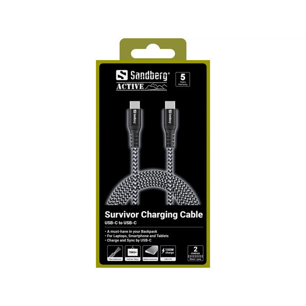 USB-C till USB-C kabel 2m | 100W | Sandberg Survivor | svart SE400174 - 2
