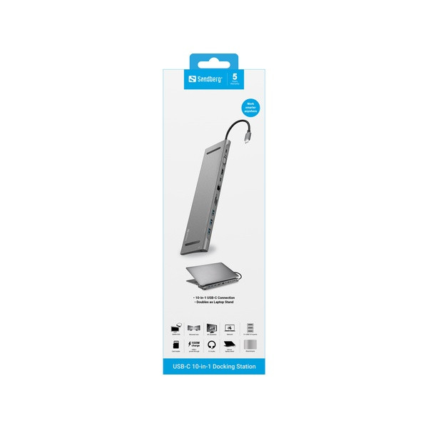 USB Docking station 10 portar | USB-C till 3xA, 2xC, HDMI, VGA, Ethernet, 3,5mm, kortläsare | Sandberg ASA02378 - 4