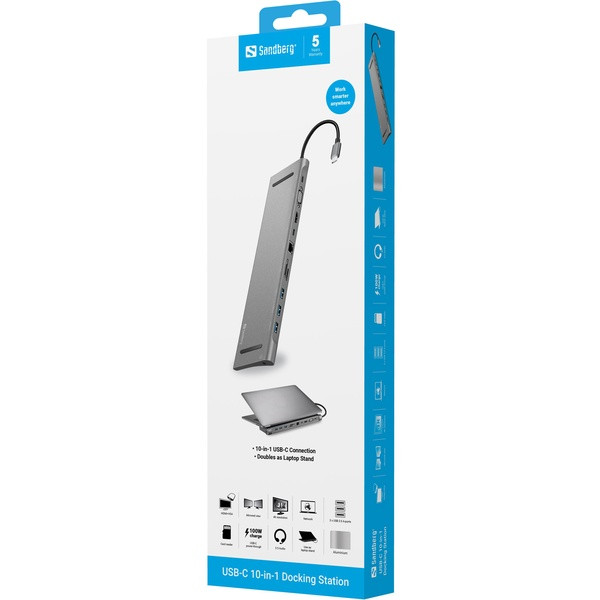USB Docking station 10 portar | USB-C till 3xA, 2xC, HDMI, VGA, Ethernet, 3,5mm, kortläsare | Sandberg ASA02378 - 5