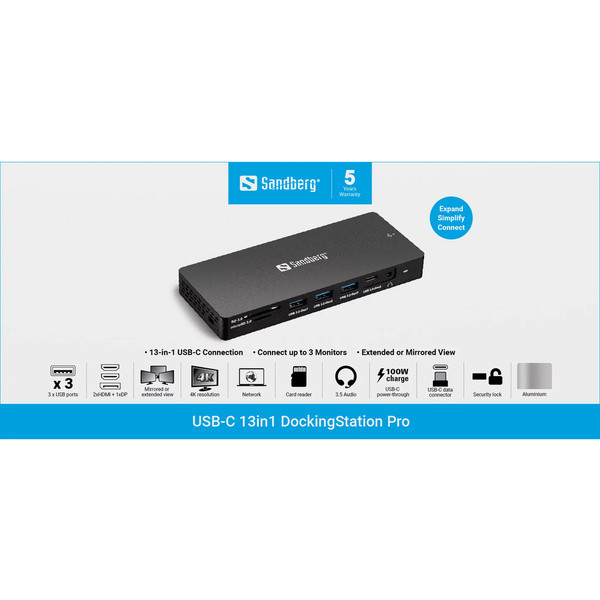 USB Docking station 13 portar | USB-C till 3xA, 3xC, 2xHDMI, DisplayPort, Ethernet, 3,5mm, 2x kortläsare | Sandberg Pro SE400022 - 6