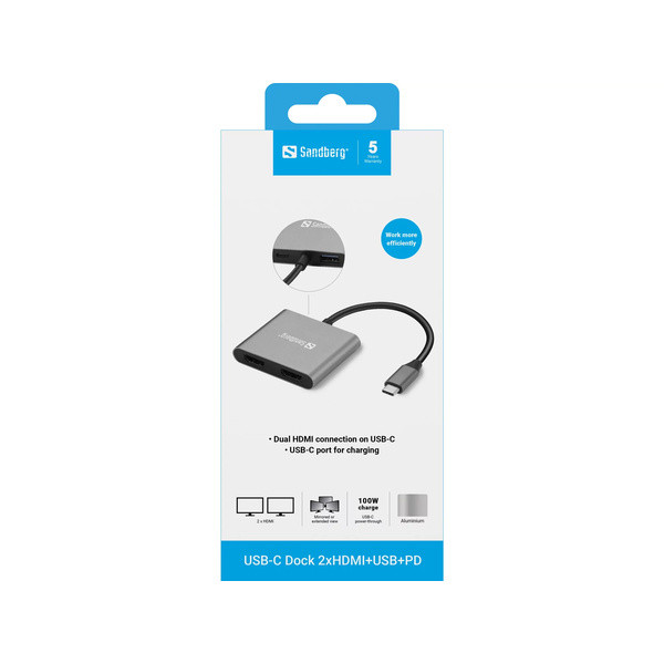 USB Docking station 4 portar | USB-C till 1xA, 1xC, 2xHDMI | Sandberg SE400021 - 6