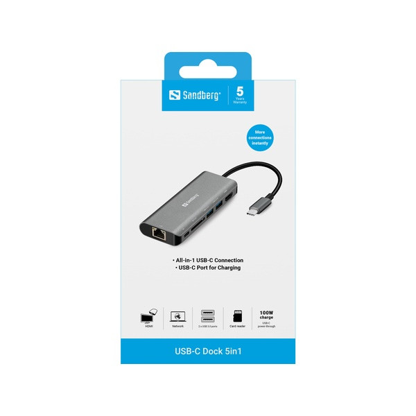 USB Docking station 6 portar | USB-C till 2xA, 1xC, HDMI, Ethernet, kortläsare | Sandberg ASA02368 - 3