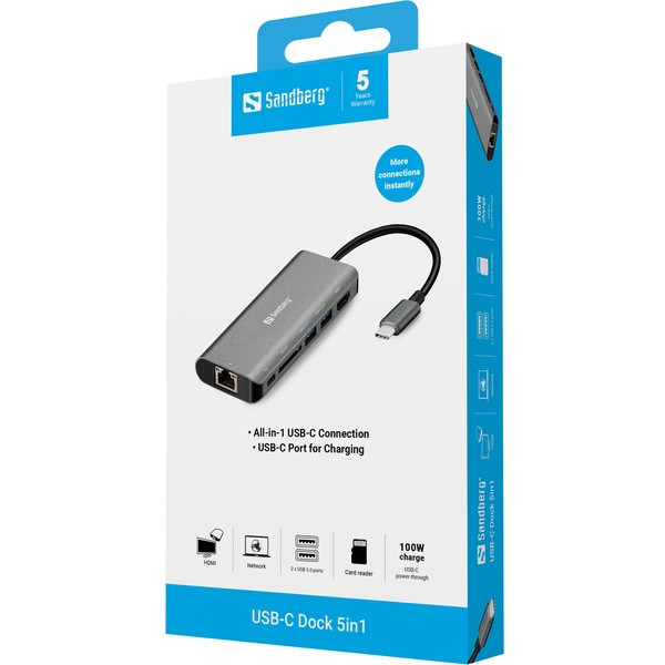 USB Docking station 6 portar | USB-C till 2xA, 1xC, HDMI, Ethernet, kortläsare | Sandberg ASA02368 - 4