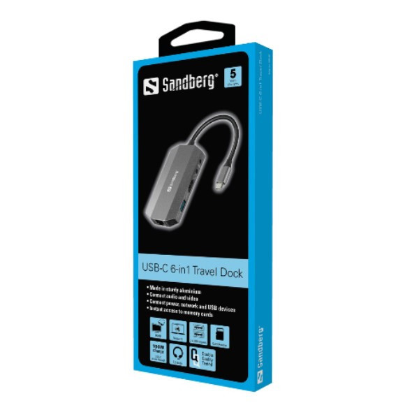 USB Docking station 8 portar | USB-C till 2xA, 1xC, HDMI, Ethernet, 2x3,5mm, kortläsare | Sandberg Travel ASA02377 - 2