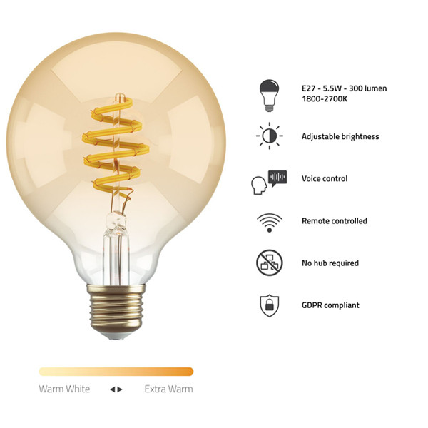 Smart lampa | E27 | Glob | Guld | 1800K-2700K | 5.5W | dimbar [Hombli] HB068 LHO00039 - 4
