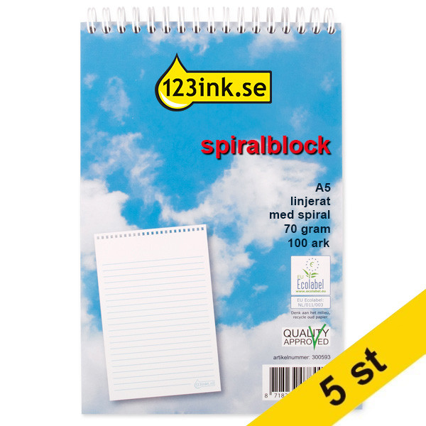 Spiralblock A5 linjerat | 100 ark | 123ink | 5st  300594 - 1