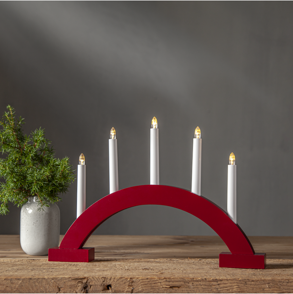 Batteridriven ljusstake ABBE | 5-arm | trä | röd [Star Trading] 502453 - 2