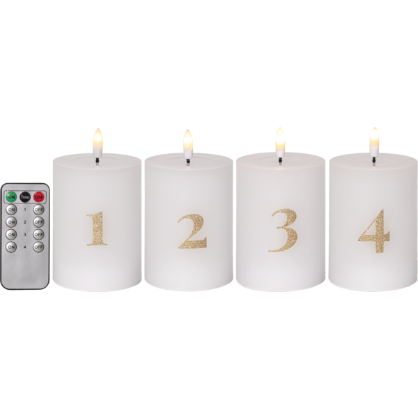 LED Blockljus Flamme Advent | Ø10cm x 12,5cm | vit [Star Trading] 4st 502313 - 2