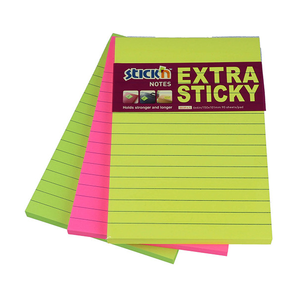 Stick'n Notes 102mm x 152mm | linjerade blandade färger | 3 x 90 ark 201708 - 1