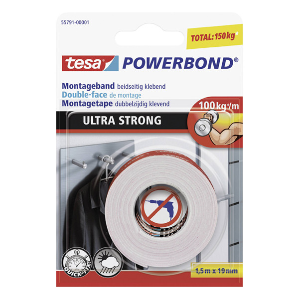 Tesa Dubbelhäftande tejp | 19mm x 1.5m | Tesa Powerbond Ultra Strong | vit 55791 202383 - 1