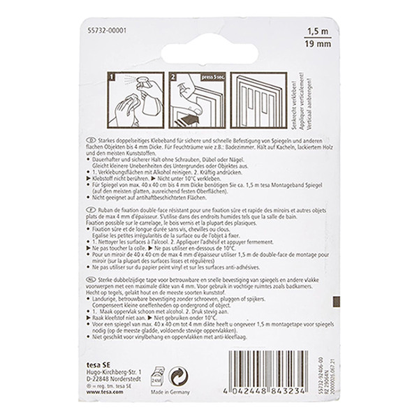 Tesa Monteringstejp för speglar 19mm x 1.5m | Tesa Powerbond | vit 55732-00001-02 203385 - 3