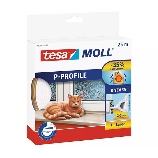 Tesa Tätningslist TesaMoll Classic P-profil vit 9mm x 25m 05391-00100-00 203312 - 1