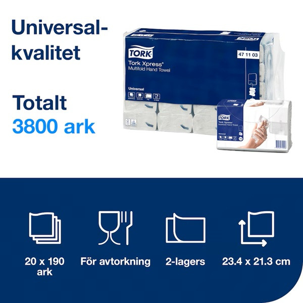 Pappershandduk 190/fp | 2-lag | Tork Uni H2 | vit | 20st SE200599 - 3