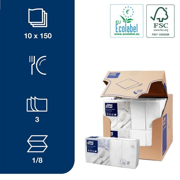 Servetter 150/fp | 3-lag | Tork 1/8-vikt | vit | 10st SE200432 - 2