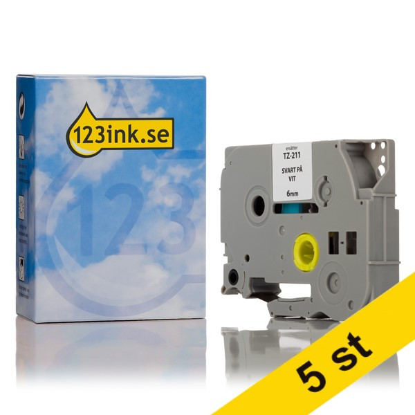 Varumärket 123ink ersätter Brother HSe-211 krympslang | svart text - vit märkband  | 6mm x 1.5m | 5st 650661 - 1