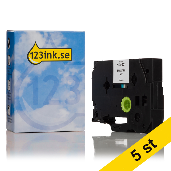 Varumärket 123ink ersätter Brother HSe-221 krympslang | svart text - vit tejp | 9mm x 1.5m | 5st  650665 - 1