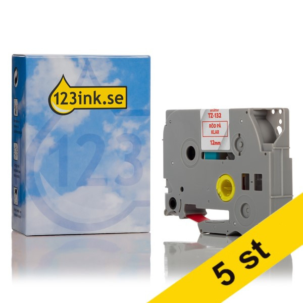 Varumärket 123ink ersätter Brother TZe-132 | röd text - transparent märkband  | 12mm x 8m | 5st 650685 - 1