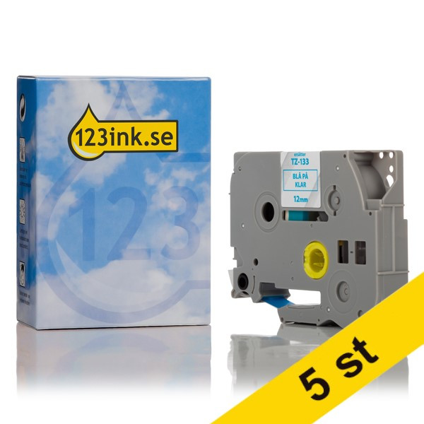 Varumärket 123ink ersätter Brother TZe-133 | blå text - transparent märkband  | 12mm x 8m | 5st 650708 - 1