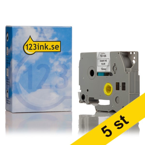 Varumärket 123ink ersätter Brother TZe-135 | vit text - transparent tejp | 12mm x 8m | 5st  650630 - 1