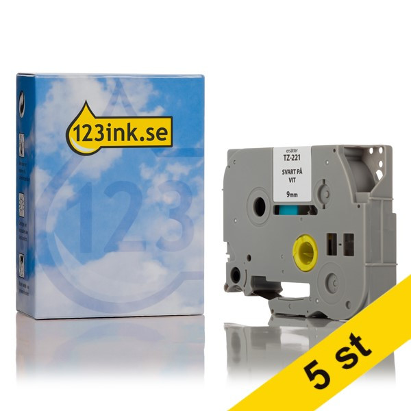 Varumärket 123ink ersätter Brother TZe-221 | svart text - vit tejp | 9mm x 8m | 5st TZe221C 650514 - 1