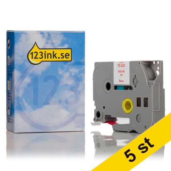 Varumärket 123ink ersätter Brother TZe-222 | röd text - vit tejp | 9mm x 8m | 5st TZe222C 650693 - 1