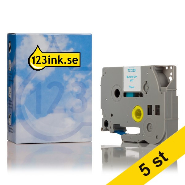 Varumärket 123ink ersätter Brother TZe-223 | blå text - vit tejp | 9mm x 8m | 5st  650682 - 1
