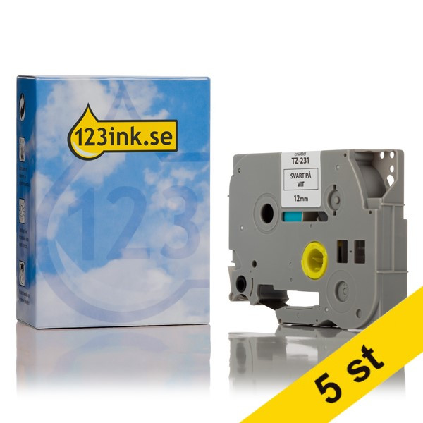 Varumärket 123ink ersätter Brother TZe-231 | svart text - vit tejp | 12mm x 8m | 5st TZe231C 650510 - 1