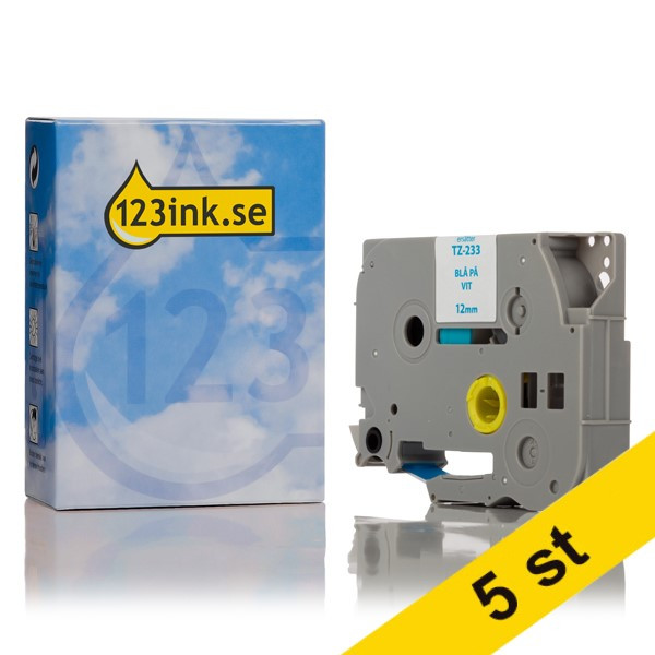 Varumärket 123ink ersätter Brother TZe-233 | blå text - vit tejp | 12mm x 8m | 5st TZe233C 650640 - 1
