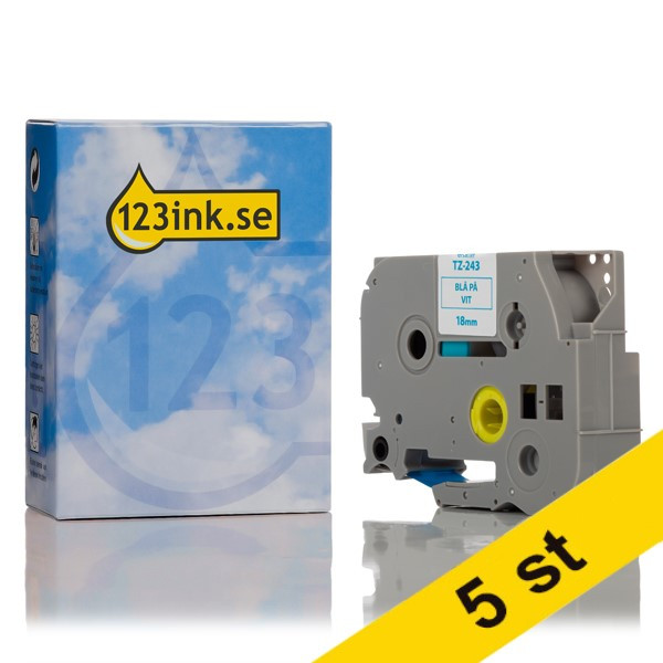 Varumärket 123ink ersätter Brother TZe-243 | blå text - vit tejp | 18mm x 8m | 5st  650667 - 1
