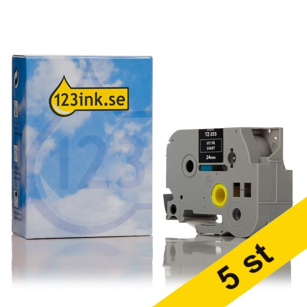 Varumärket 123ink ersätter Brother TZe-355 | vit text - svart märkband  | 24mm x 8m | 5st 650636 - 1
