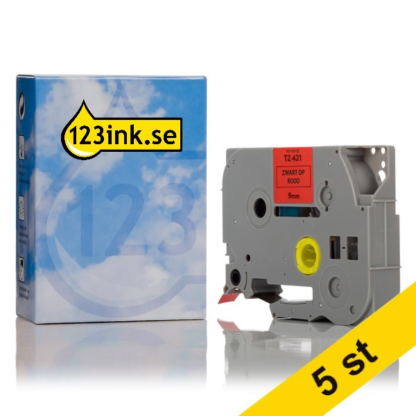 Varumärket 123ink ersätter Brother TZe-421 | svart text - röd tejp | 9mm x 8m | 5st TZe421C 650675 - 1