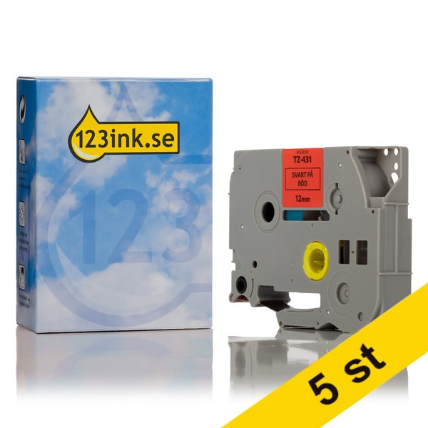 Varumärket 123ink ersätter Brother TZe-431 | svart text - röd märkband  | 12mm x 8m | 5st 650653 - 1