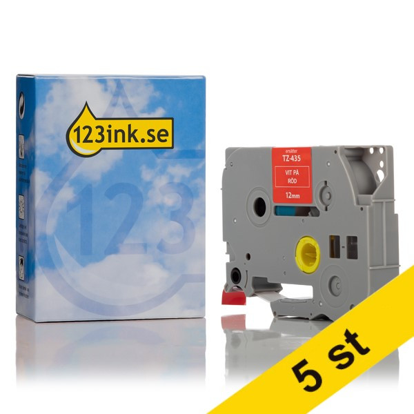 Varumärket 123ink ersätter Brother TZe-435 | vit text - röd märkband  | 12mm x 8m | 5st 650698 - 1